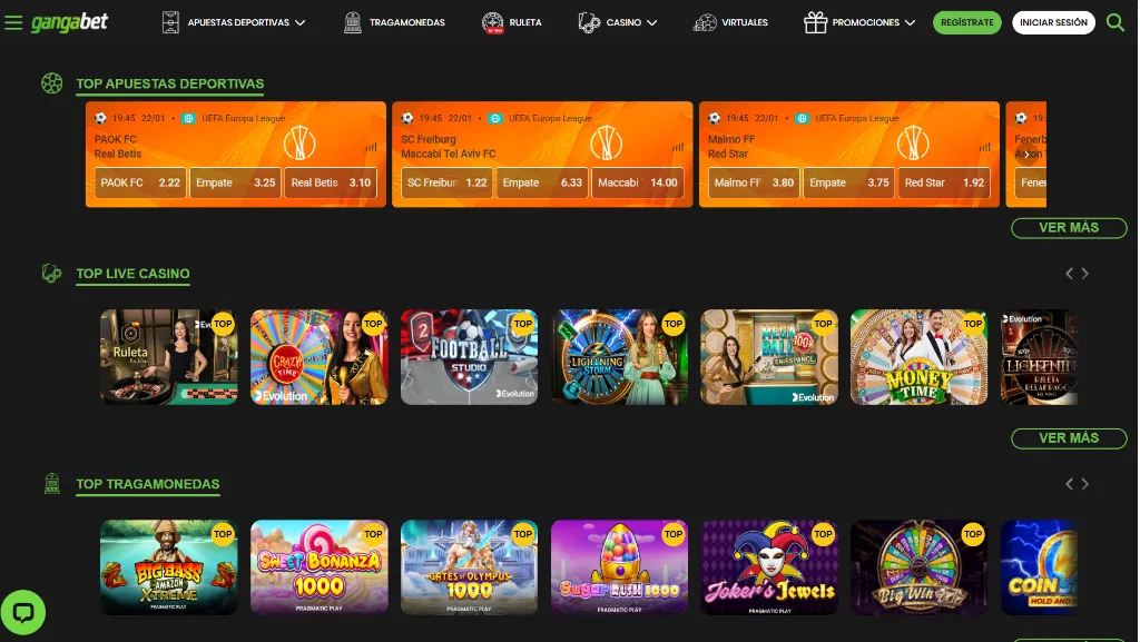 Plataforma Gangabet con apuestas deportivas, casino en vivo y tragamonedas